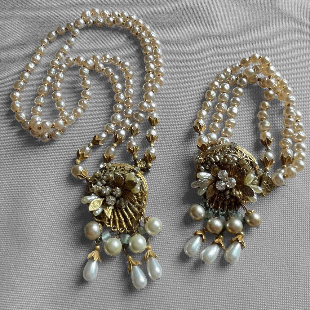 VTG 60s Signed Necklace Bracelet Set Original by Robert Pearl Rhinestone Filigre
